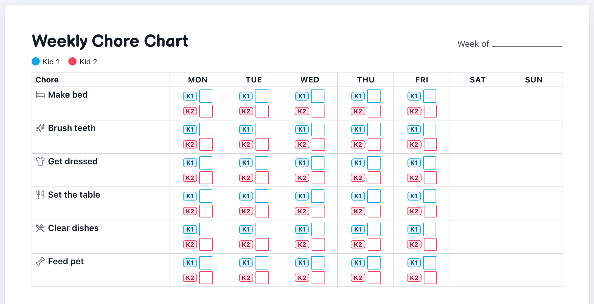 Print preview of the weekly family chart: a single landscape grid listing chores down the side and Monday to Sunday across the top, with both demo children marked on each day.